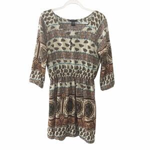 Timing Paisley Floral Print Earth Tone Colors Boho Style Dress Y2K Retro - Large